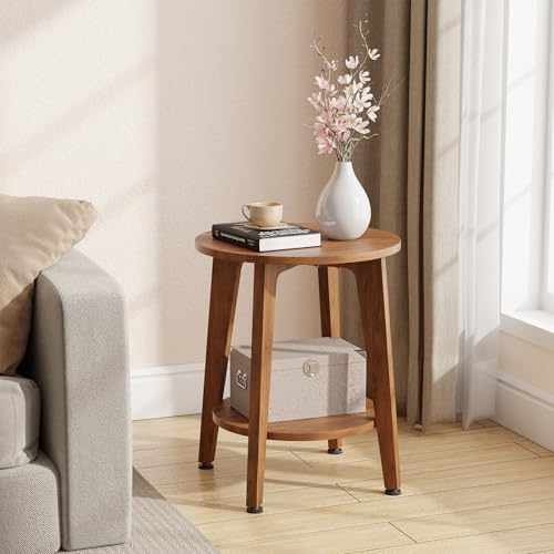 Simple Trending Round Side Table, Small End Table, Nightstand Bedside Table with Tapered Legs, for Living Room, Rustic Walnut