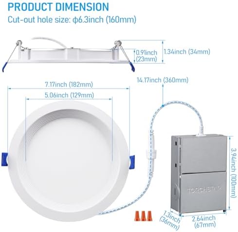 TORCHSTAR 8-Pack 5CCT 6 Inch Slim LED Recessed Lights, Anti-Glare, Aluminum | 12W 1000LM, CRI90 Dimmable Ceiling Downlight with J Box, Air Tight