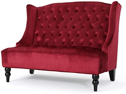 Christopher Knight Home GDFStudio Leona Modern Glam Tufted Velvet Wingback Loveseat, Wine and Dark Brown, 34.00 ''D x 50.25‘’W x 38.50'' H