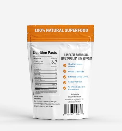 Lone Star Botanicals Organic Blue Spirulina Powder - 100% Pure Blue-Green Algae, No Fishy Smell, Vegan Superfood for Smoothies & Drinks, Non GMO