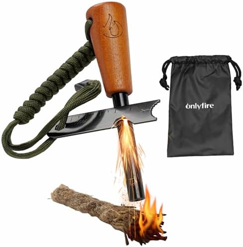 onlyfire Fire Starter Survival Tool, Ferro Rod Kit with Tinder Wick, Pouch, Waterproof Flint and Steel Fire Starter for Camping