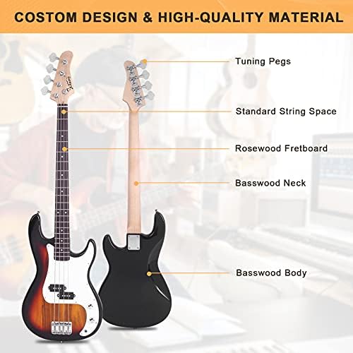 GLARRY Full Size Electric Bass Guitar Beginner Kit 4 String Exquisite Basswood Bass with 20W AMP, Cable, Strap, Bag and Accessories (Transparent Blue, 39"Right Handed)