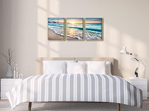 Wieco Art 3 Panel Blue Beach Canvas Wall Art for Home Decor Sunset White Wave Beach Pictures on Canvas Sea View Canvas Prints Artwork for Wall Decor