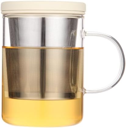 emoi 15 oz Glass Tea Cup with Infuser & Lid, Ideal for Loose Leaf Tea, Gray | Tea Mug with Extra Fine Mesh 304 Stainless Steel Steeper & Silicone Lid