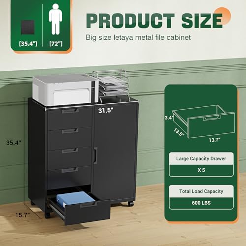 5 Drawer Storage Cabinet, Mobile Printer Stand for Home Office,Dresser Chest with Shelves and Door(White)