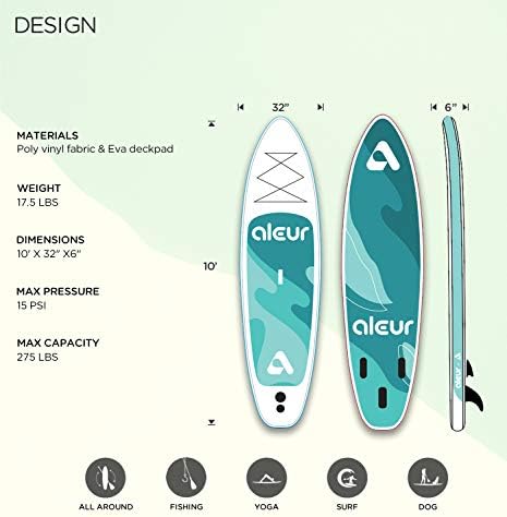 aleur Explorer Inflatable Stand Up Paddle Board Package W Premium SUP Accessories & Backpack, Non-Slip Deck, Leash, Paddle and Hand Pump | Elegant