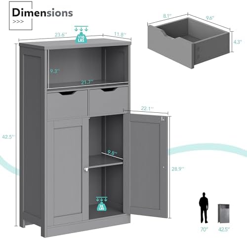 Vongrasig Bathroom Storage Cabinet, 42.5" H Freestanding Floor Cabinet | Wooden Modern Cabinet with 2 Drawers, Open Shelf and Adjustable Shelf for Bathroom, Laundry Room and Entryway, White