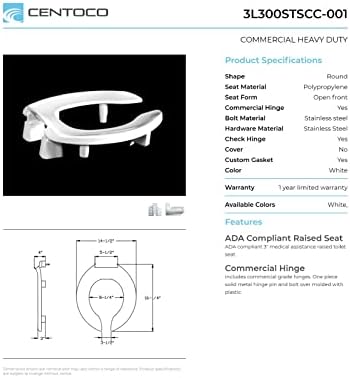 Centoco 3 inch Raised Toilet Seat for Seniors, Elongated, Open Front, White | Plastic, No Cover, 3L1500STSCC-001, Made in the USA