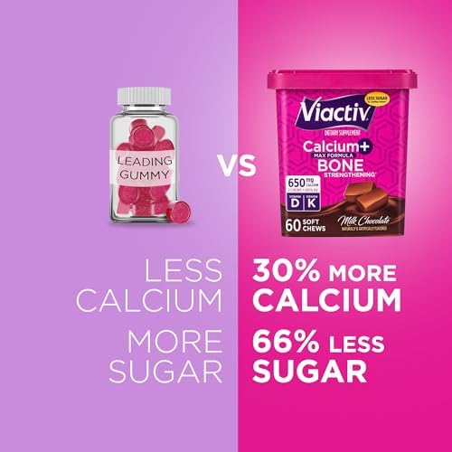 Viactiv Calcium + Vitamin D Supplement Soft Chews for Women & Men - Chewable Calcium for Bone Health Support, 650 mg per Serving, Vitamin D & K for High Absorption - 60 Count, Caramel