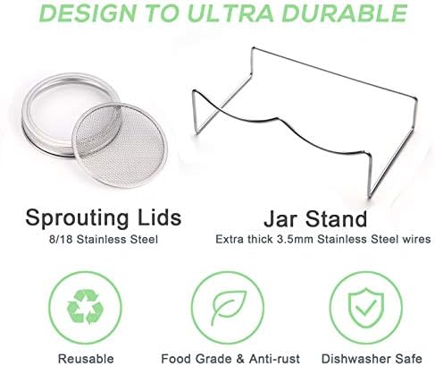 Sprouting Jar Kit-2 Wide Mouth Quart Mason Jars with 316 Stainless Steel Screen Sprout Lids, Drip Tray, Stand | Seed Sprouter Set for Growing Broccoli