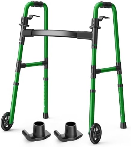 Loyoda Folding Walker with Basket and Glide Skis, 5" Wheels, Lightweight | Standard Walker for Seniors and Adults, Offers 8 Height Adjustments (31"-38"), Supports up to 350 lbs