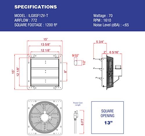 iLIVING 12" Wall Mounted Shutter Exhaust Fan, Automatic Shutter, with Thermostat and Variable Speed controller, 0.6A, 960 CFM