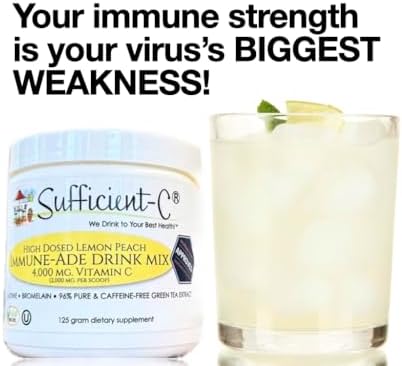 Sufficient-C High Dose Non-GMO Vitamin C Lemon Peach Immune-Ade Drink Mix, Convenient 125 Gram Size w/L-lysine