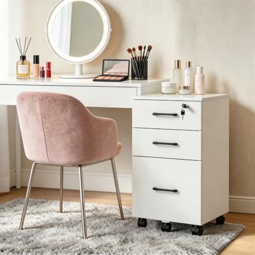 File Cabinet With Lock, 3 Drawer Wood Rolling Filing Under Desk for Home Office, Storage Fits Letter/A4 Size, Mobile Printer Stand, White