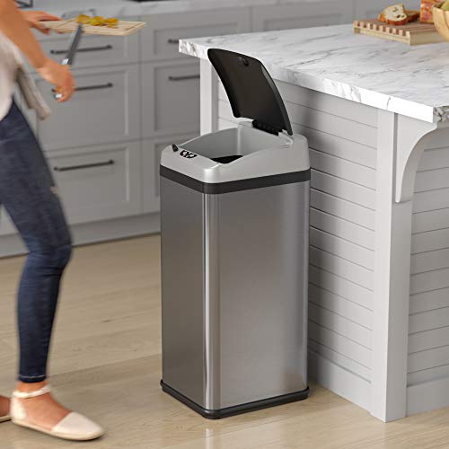 iTouchless Touchless Trash Can with AC Adapter, 3 Odor Filters Big Lid Opening Sensor Kitchen Garbage Bin, 13 Gallon, Stainless Steel, Platinum