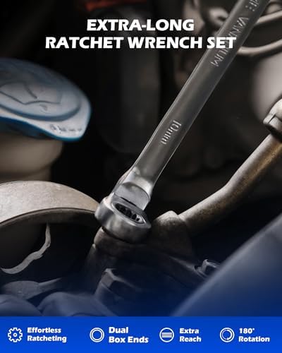 OMT 6Pc Metric Extra Long Flex-Head Ratcheting Wrench Set, 8-19mm Range | Durable 40CrV Steel Build, 72-Tooth Gearing, 180° Rotating Flex-Head