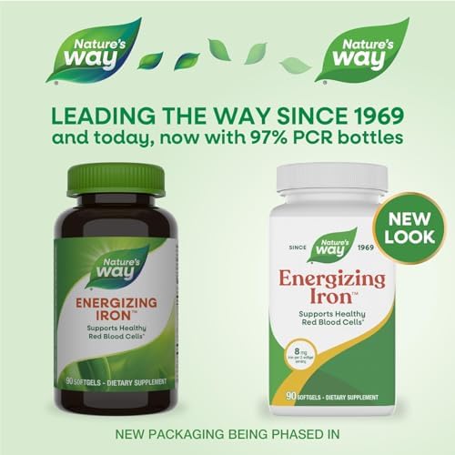Nature's Way Energizing Iron, Supports Healthy Red Blood Cells*, 8 mg Iron & 200 mcg Vitamin B12 per 2-Softgel Serving, No Gluten