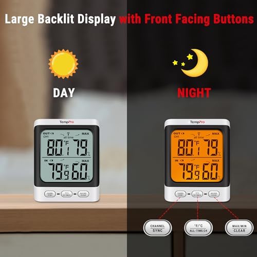 TempPro TempAir 500 FT Indoor Outdoor Thermometer Wireless with Sensor | 3.3" LCD Backlit Display, Front Button