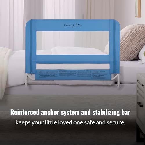 Dream On Me Mesh Security Bed Guard Rail for Toddlers 2–5 Years, Fits Twin–King Beds, Reinforced Anchor System, 2 Adjustable Heights, Blue