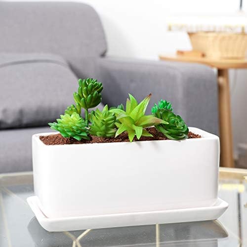 10 inch Rectangular White Ceramic Planter Pot Succulent Cactus Herb Flower Container Window Box Saucer Removable Drip Tray Base Drain Holes Home