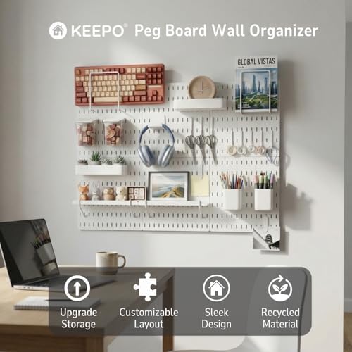 Keepo Peg Board Wall Organizer – Plastic Pegboard Panels, Modular Peg Board Storage System For Home Office, Craft Room, Gaming Setup (White