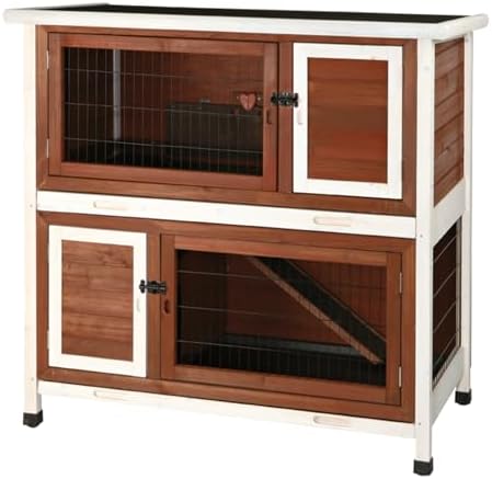 Trixie 2-Story Rabbit Hutch with Retreat Area, Non-Slip Ramp, Hinged Roof with Locking Arm, 4 Doors, 2 Metal Slide Latches, and Pull-Out Trays for Easy Cleaning