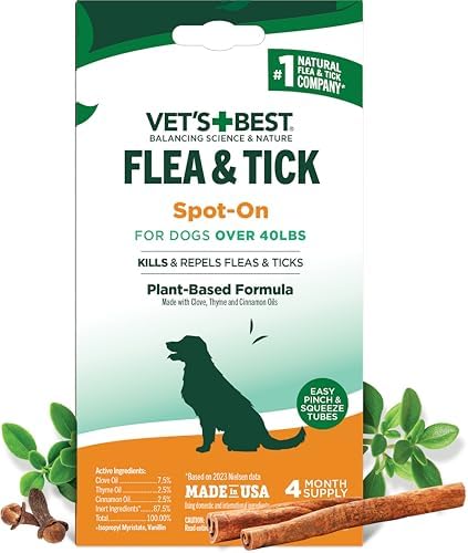 Vet's Best Flea & Tick Drops for Large Dogs, Flea Protection, 4Month Supply | Plant-Based Spot-On Treatment, Essential Oils, Helps Prevent Fleas & Ticks, Four Monthly Applications for Dogs