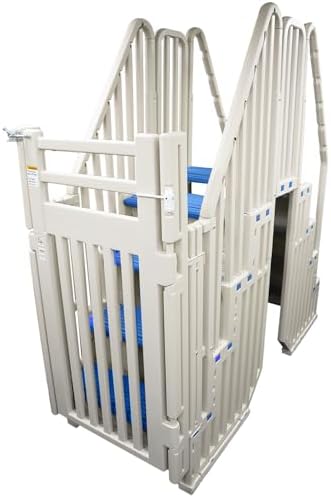 Confer Entry System for Above Ground Pools | White Frame with Blue Steps | All Resin Bridge System with Handrails and Gate