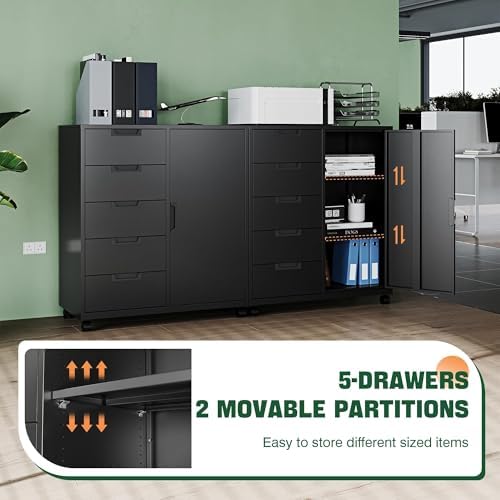5 Drawer Storage Cabinet, Mobile Printer Stand for Home Office,Dresser Chest with Shelves and Door(White)
