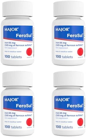 Major Ferosul - Ferrous Sulfate 325mg Tablets with 65mg of Elemental Iron - Iron Supplement for Women, Men - Red - 100 Count (1 Pack)