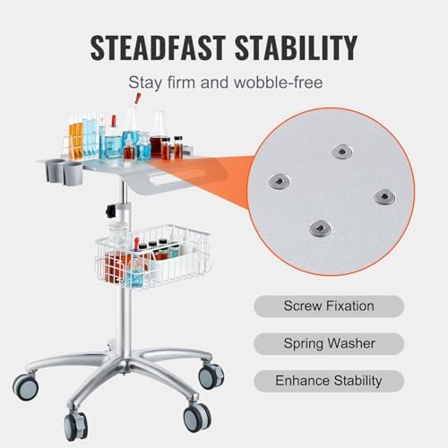 VEVOR Medical Trolley with Wheels - Height Adjustable Gas Lift, Large Tabletop 19"×17", Stainless Steel Rolling Laptop Cart with Storage Basket
