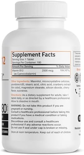 Vitamin B12 2500mcg Shot of Energy Fast Dissolve Chewable Tablets - Quick Release Cherry Flavored Sublingual B12 Vitamin - Supports Nervous System, Healthy Brain Function Energy Production – 90 Count