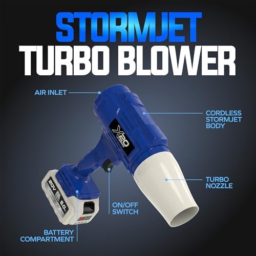 Sun Joe 20V ECOSHARP X20 StormJet Cordless Turbo Blower, 40 CFM Handheld Leaf and Dust Blower with 5.0Ah Battery and Charger, Blue, GO-SRMJET-5A-BLU