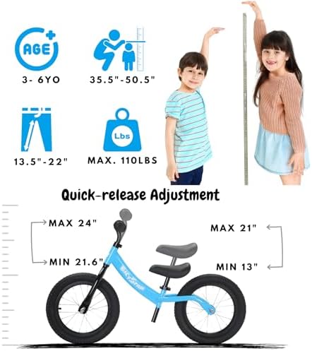 bicystar 14 Inch Balance Bike for Kids 3-5 with Rubber Air Tires, White | lightweight frame, adjustable seat & handlebar, easy assembly, outdoor riding, footrest, no pedals
