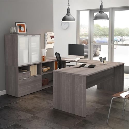 Bestar i3 Plus 72W U-Shaped Executive Desk with Frosted Glass Doors Hutch in bark Grey