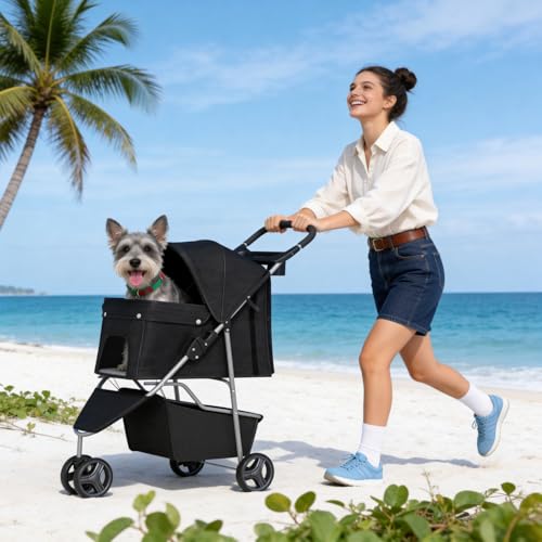 BestPet | 3-Wheel Pet Stroller | Dog and Cat Stroller | Breathable Mesh | Lightweight Travel Carrier | Waterproof & Foldable Design | Storage Basket | Black | for Daily Walks & Outdoor Use | Breathable Mesh | Lightweight, Waterproof Travel Carrier with C…