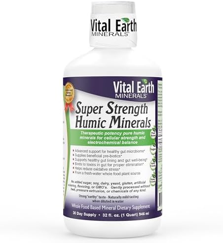 Vital Earth Minerals Super Strength Humic Minerals – Fulvic Acid Supplement with 70+ Trace Minerals, Electrolytes for Detox & Digestion, 32 Oz + 1 Oz Cup
