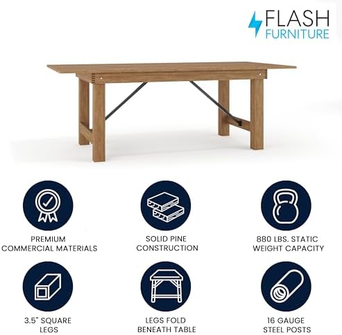 Flash Furniture Hercules Series 7' x 40" Rustic Solid Pine Folding Dining Table, Rectangular Antique Farmhouse Dining and Event Extension Table