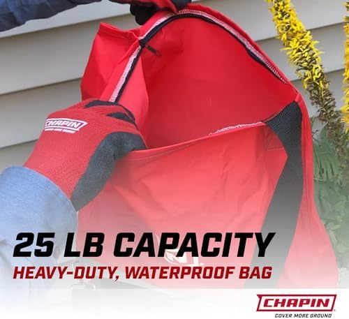 Chapin 84700A 25-Pound Professional Handheld Bag Seed spreader with Waterproof Bag, Enclosed Gears, Rear Baffle, Adjustable Shoulder Strap and Multiple Spread Options, Red