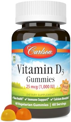 Carlson Vitamin D3 Gummies, 1000 IU (25 mcg), 60 Vegetarian Gummies | Mixed Fruit; Bone Health; Calcium Absorption; Non-GMO