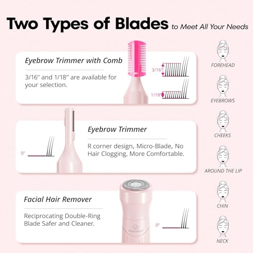 VG VOGCREST Women's Eyebrow Trimmer & Facial Hair Remover, 2 in 1, Double Rotating Blades, Safe, Painless, Hypoallergenic, Rechargeable, USB Charging