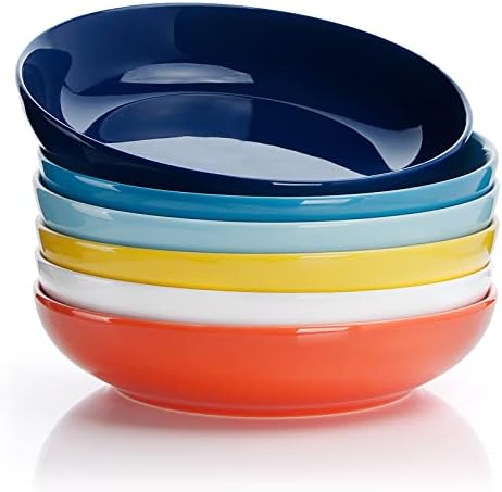 Sweese 22oz Porcelain Pasta Bowls Set of 6-7.6 Inch White Salad Serving Plates, Microwave Dishwasher Safe Dinnerware