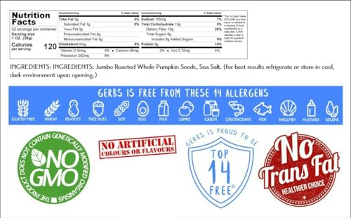 Gerbs Raw Whole Pumpkin Seeds 2 lbs. | In-Shell, 10.5 mm Size, Resealable Bag | Mildly Nutty & Crunchy | Top 14 Allergen-Free