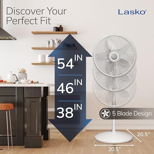Lasko Oscillating Pedestal Fan - Lasko Fan with Adjustable Height and 3 Cooling Speeds, Portable, 18", White, 1820