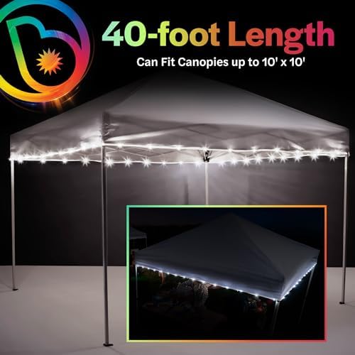 Brightz LED Canopy Lights, White 40ft String Light for 10x10 Tents | Outdoor canopy tent lights, football tailgate essentials & accessories