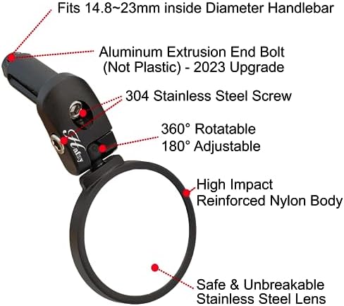 Hafny Bike Mirror, Bike Bar End Mirror, Unbreakable Stainless Steel Lens, Safe Adjustable Rearview Mirror, Cycle, E-bike, HF-MR083/HF-M851-FR03 (Black 62mm Dia)