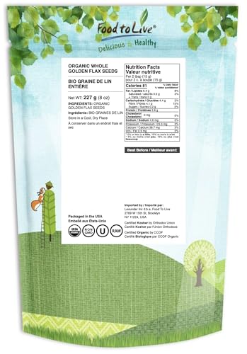 Food to Live Organic Golden Flax Seeds, 4 Pounds – Whole Raw, Non-GMO, Kosher, Vegan, Bulk. Rich in Omega-3 Fatty Acids, Protein, Dietary Fiber. Great for Smoothies, Salads, Granola, & Baked Goods.