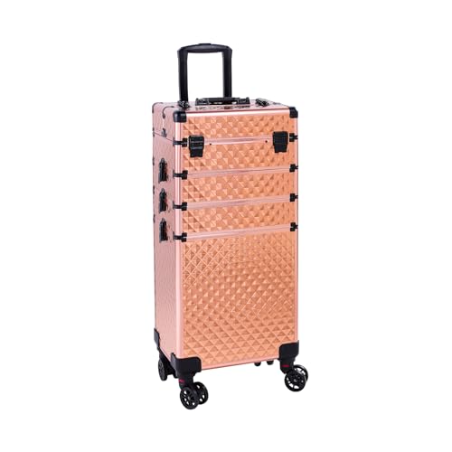 mefeir 4 in 1 Rolling Makeup Train Case, Aluminum Makeup Travel Organizer Cosmetic Case, Cosmetology Display Suitcase on Wheels, Beauty Storage Luggage Lockable w/4 Removable Wheels (Black)