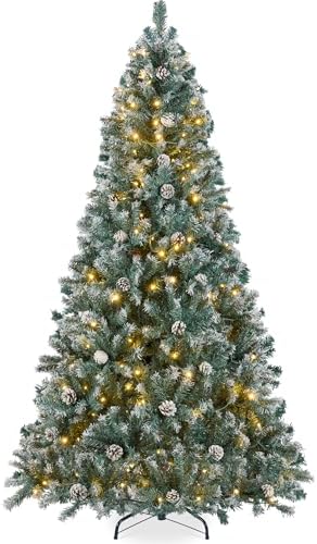 Best Choice Products 7.5ft Pre-Lit Pre-Decorated Pine Artificial Christmas Tree w/Twinkling LEDs, 1, 346 Flocked Frosted Tips, 80 Pinecones