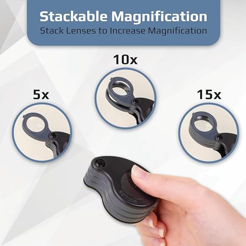 Carson TriView 5x/10x/15x Folding Loupe Magnifier with Built-in Case, 3-in-1 Portable Loupe Magnifying Glass - Adjustable Magnification